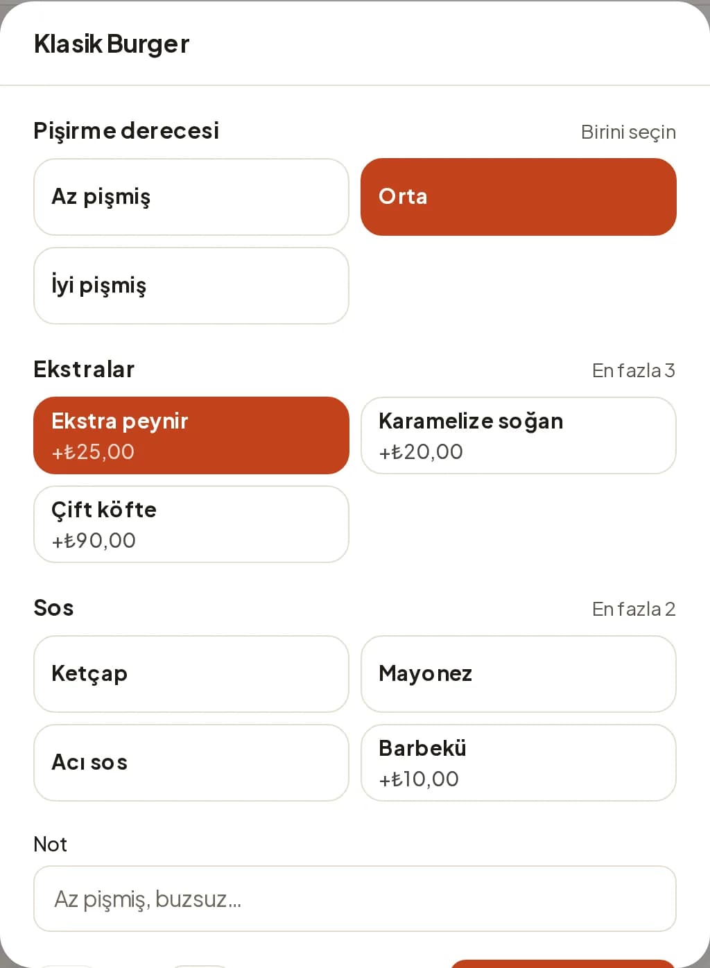 Klasik Burger için seçenek diyaloğu: pişirme derecesi, ekstralar, sos ve not