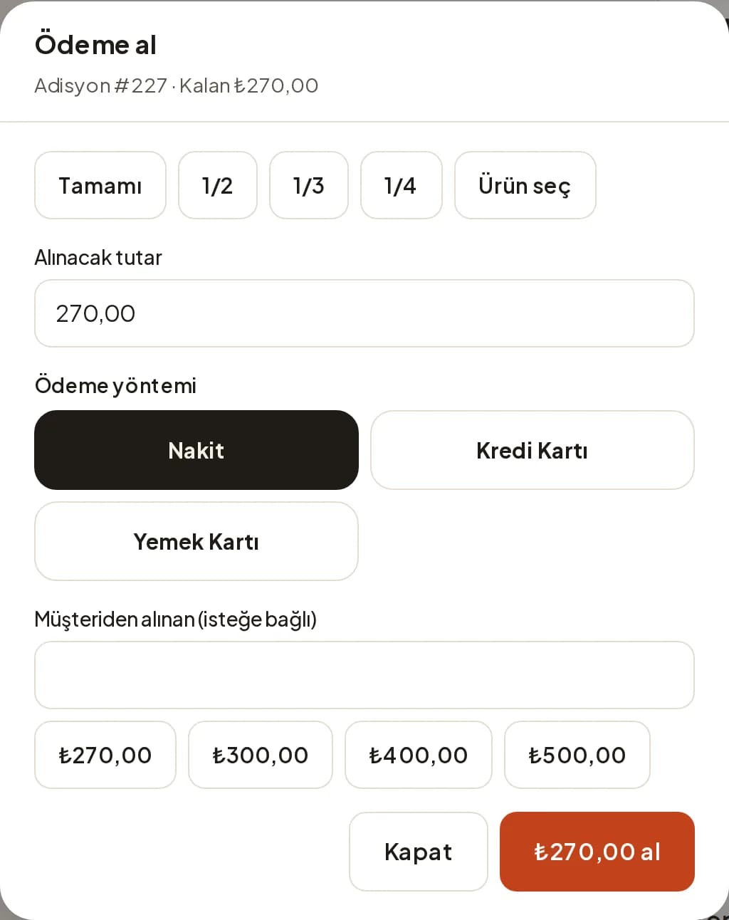 Ödeme diyaloğu: tutar, bölme seçenekleri ve ödeme yöntemleri