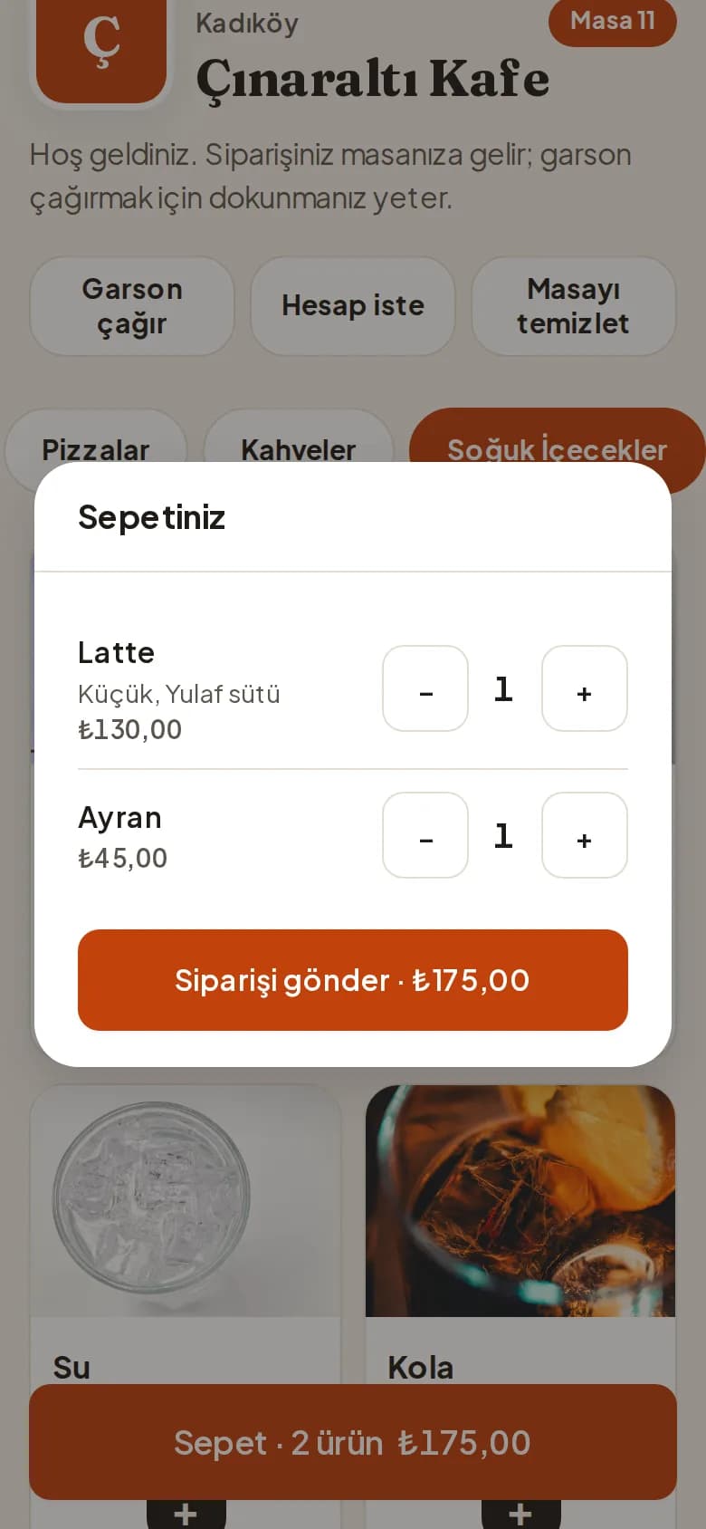 QR menüde sepet: Latte, Ayran ve Siparişi gönder düğmesi