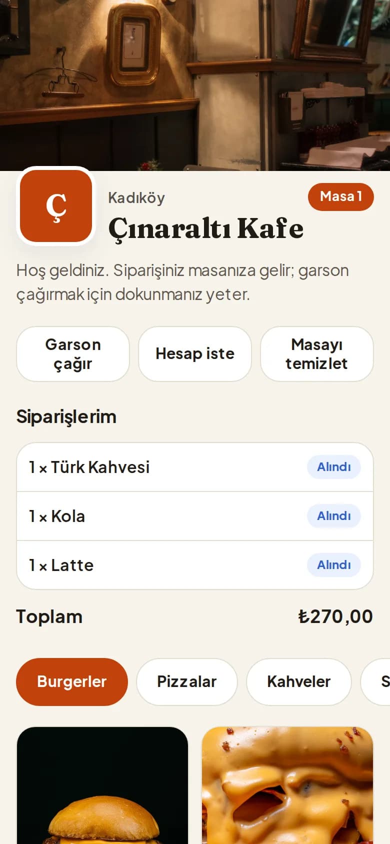 Müşterinin telefonundaki QR menü